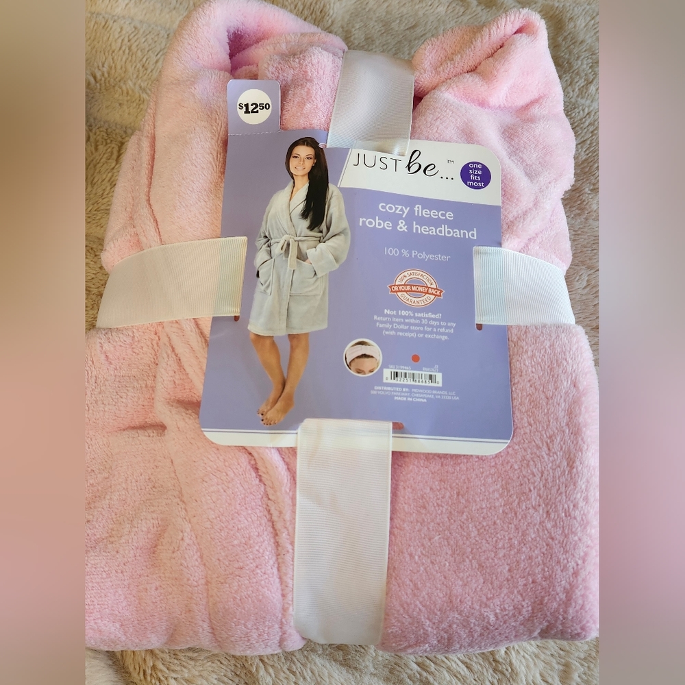 Pink plush Spa Length Robe W/ Headband.